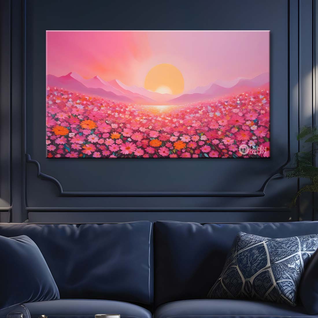 Pink flowers land with sunrise and pink background canvas painting- Flower-471