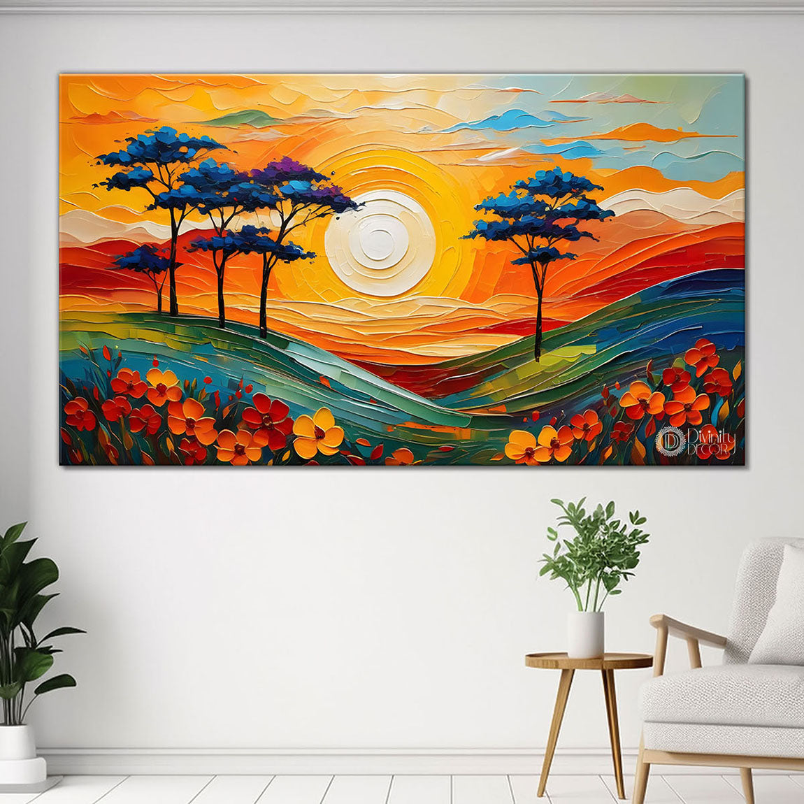 Mountains with trees and flowers painting Canvas Painting - Nature Art -471