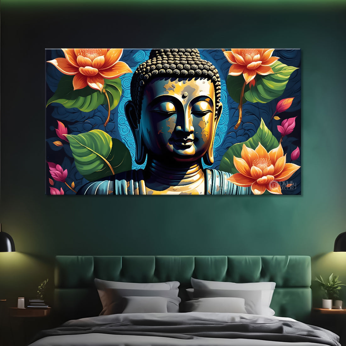 Golden buddha with the beautiful flowers background textured painting Canvas Wall Painting - Buddha-472
