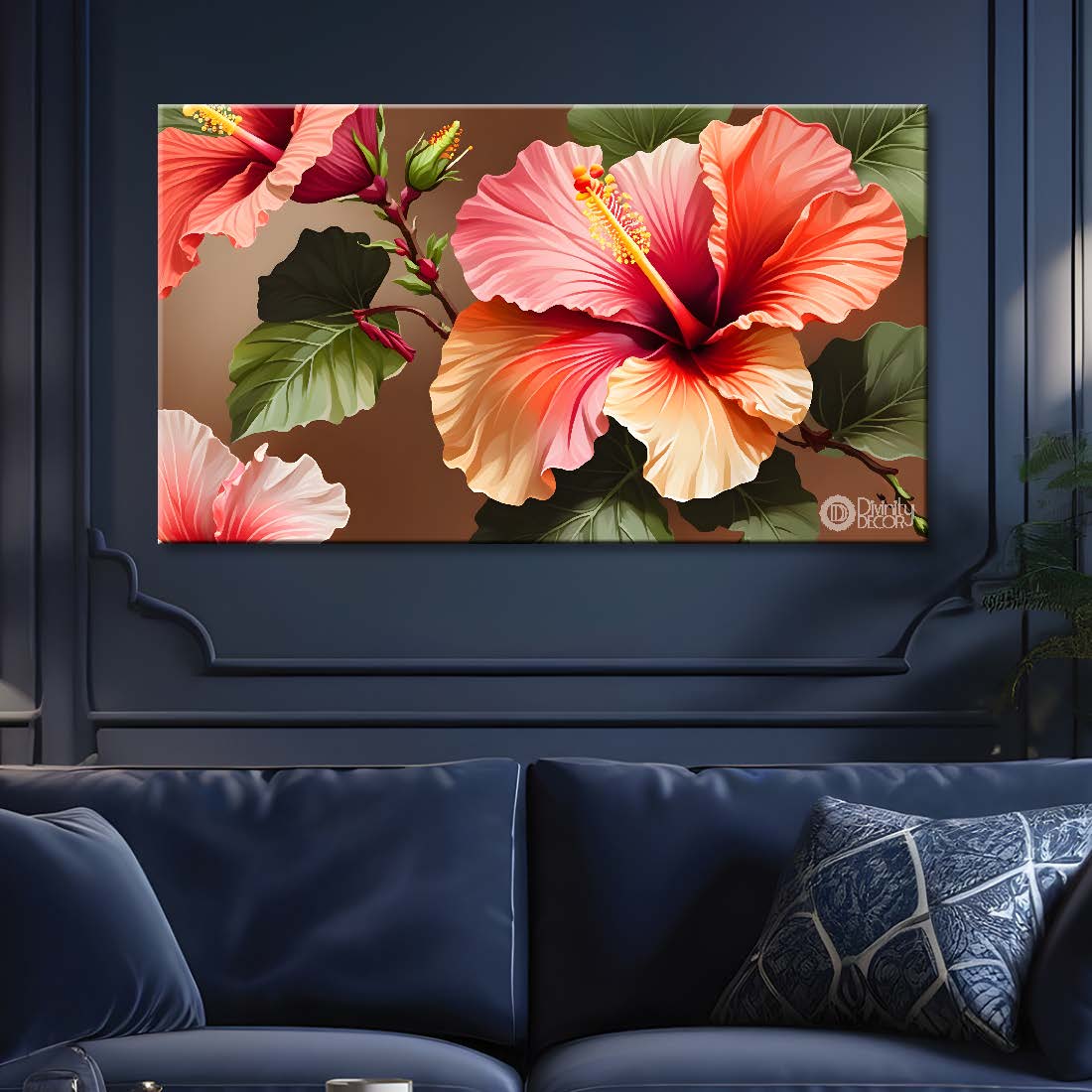 Hibiscus flower in brown background canvas painting- Flower-472