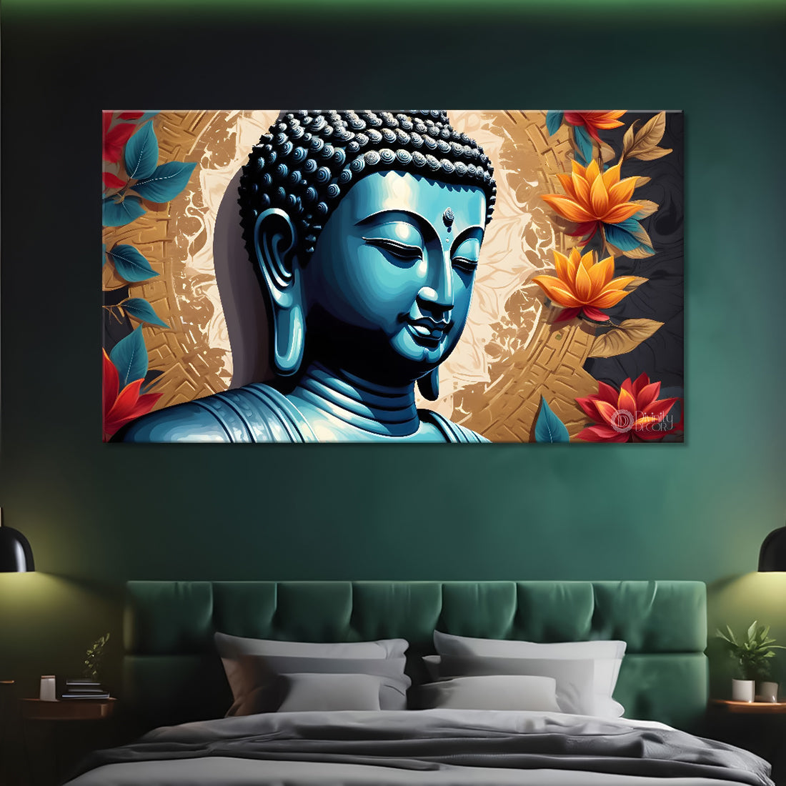Blue buddha with the beautiful flowers background textured painting Canvas Wall Painting - Buddha-473