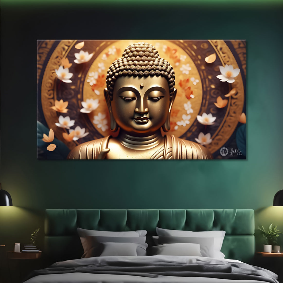 Golden buddha with the beautiful white flowers background textured painting Canvas Wall Painting - Buddha-474