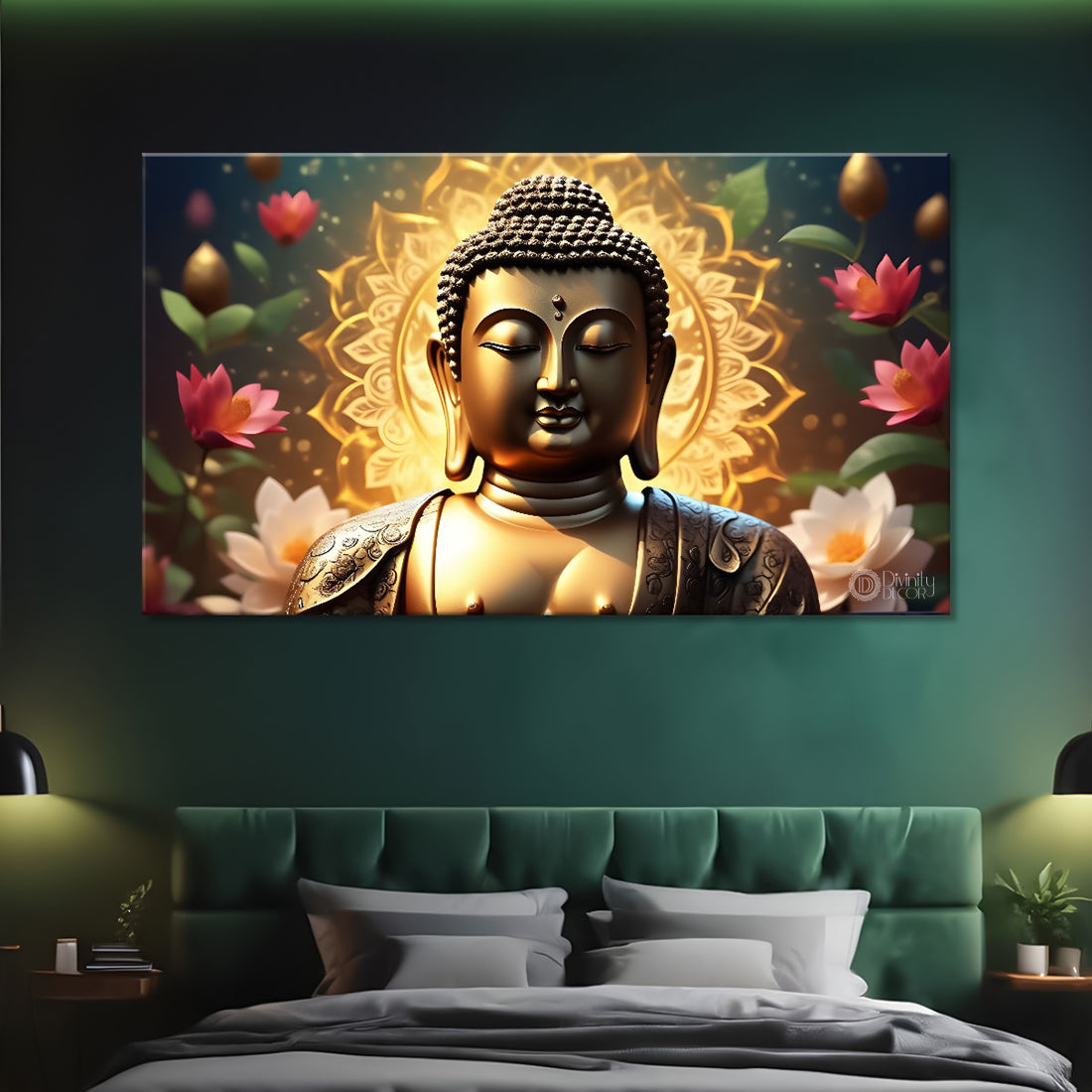 Golden buddha with the beautiful flowers background textured painting Canvas Wall Painting - Buddha-475