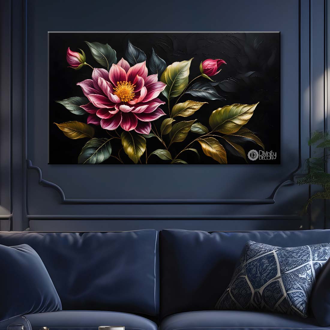 Pink flowers in black background canvas painting- Flower-475