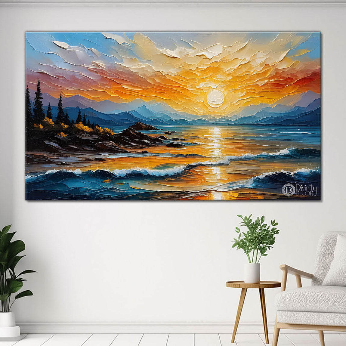 Mountains with river and tree in sunset painting Canvas Painting - Nature Art -475