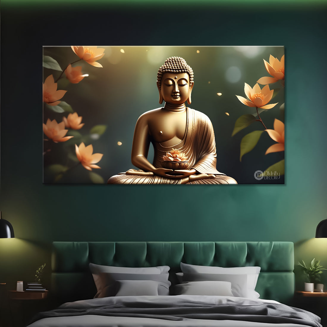 Golden buddha with the beautiful flowers background textured painting Canvas Wall Painting - Buddha-476