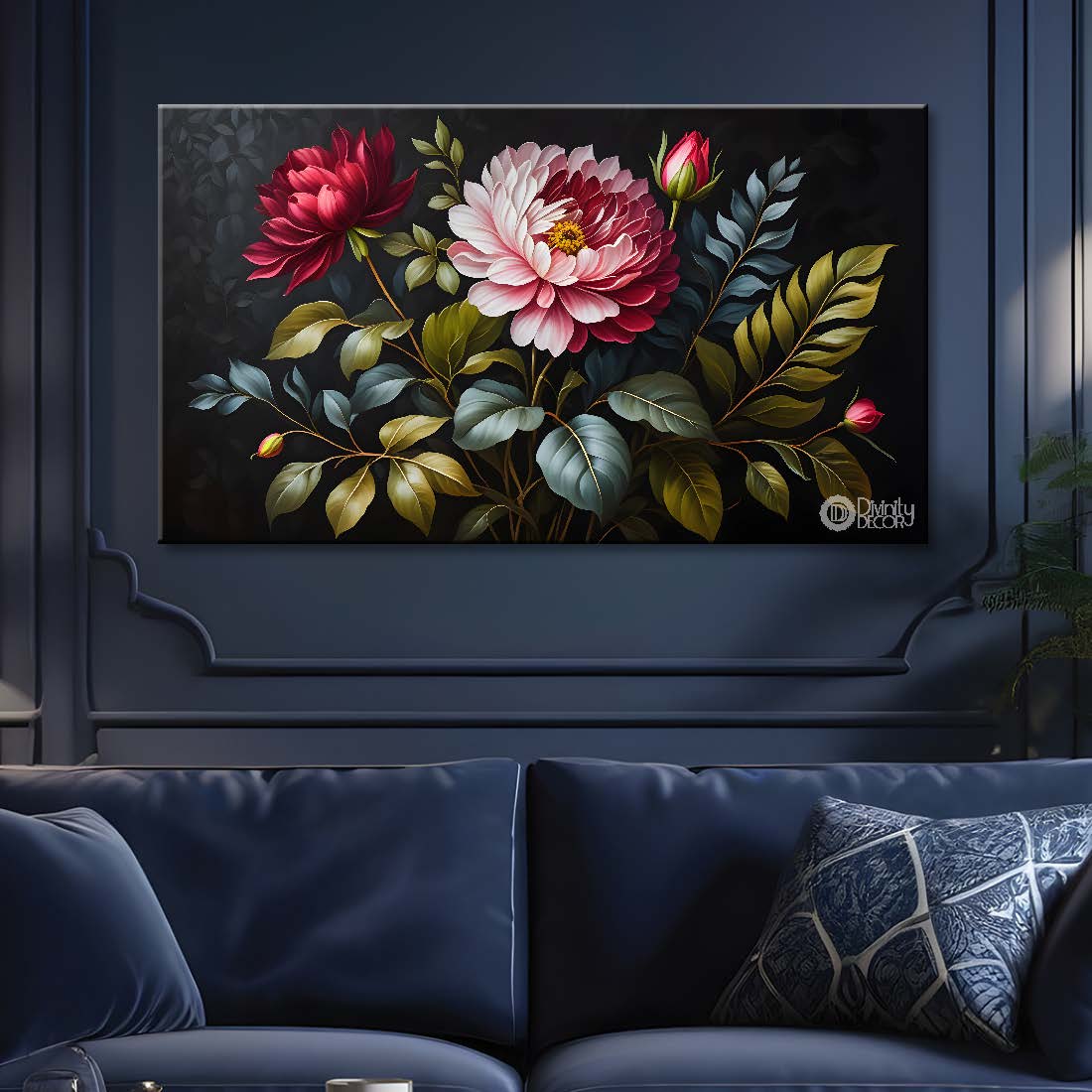 Pink flowers in black background canvas painting- Flower-476