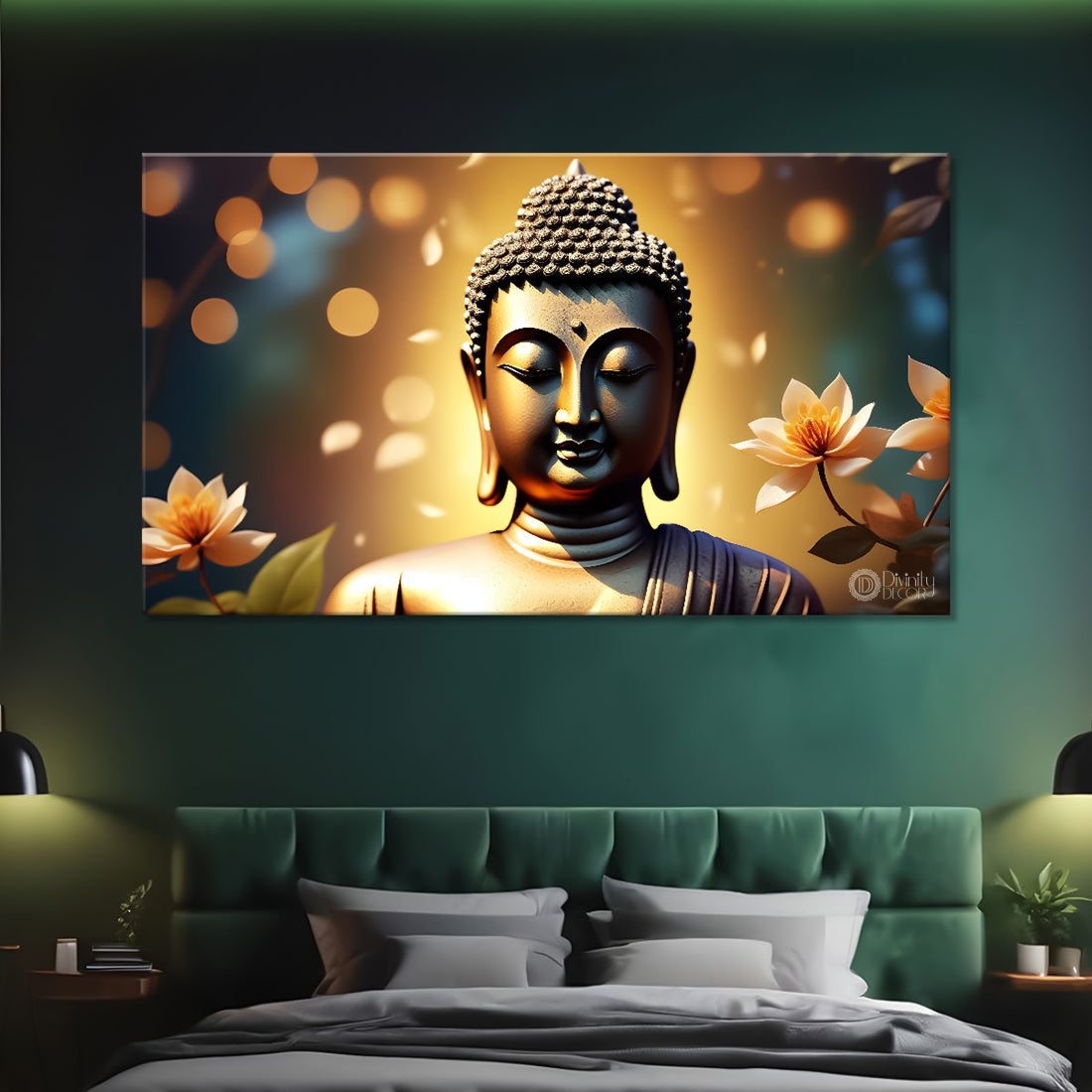 Golden buddha with the beautiful white flowers background textured painting Canvas Wall Painting - Buddha-477
