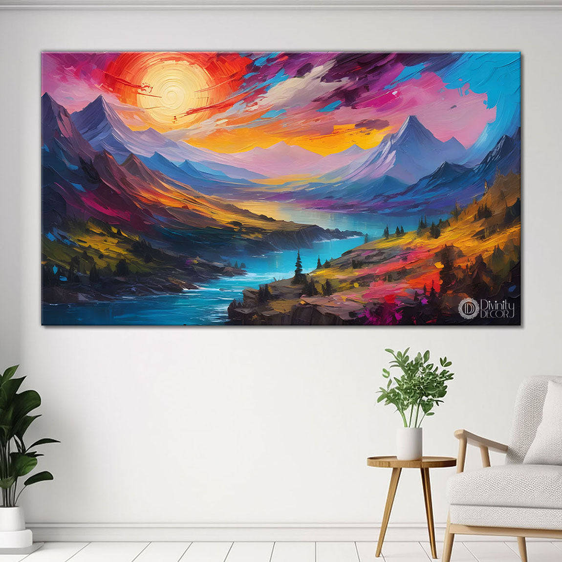 Colorful mountains and sun painting Canvas Painting - Nature Art -477
