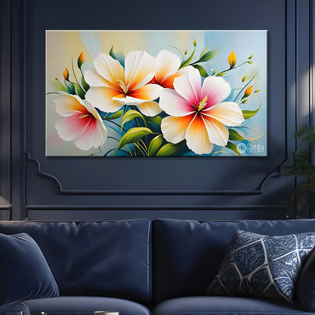 White flowers in blue background canvas painting- Flower-477