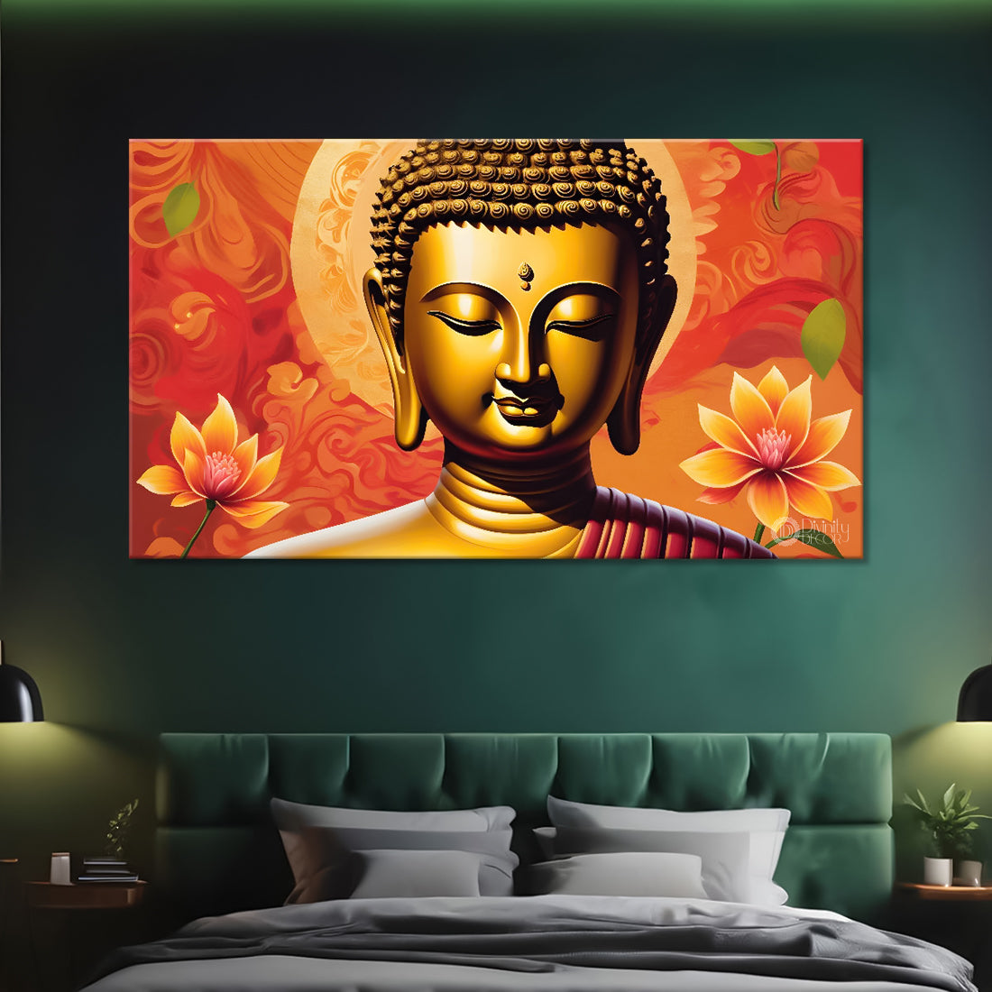 Golden buddha with orange background textured painting Canvas Wall Painting - Buddha-478