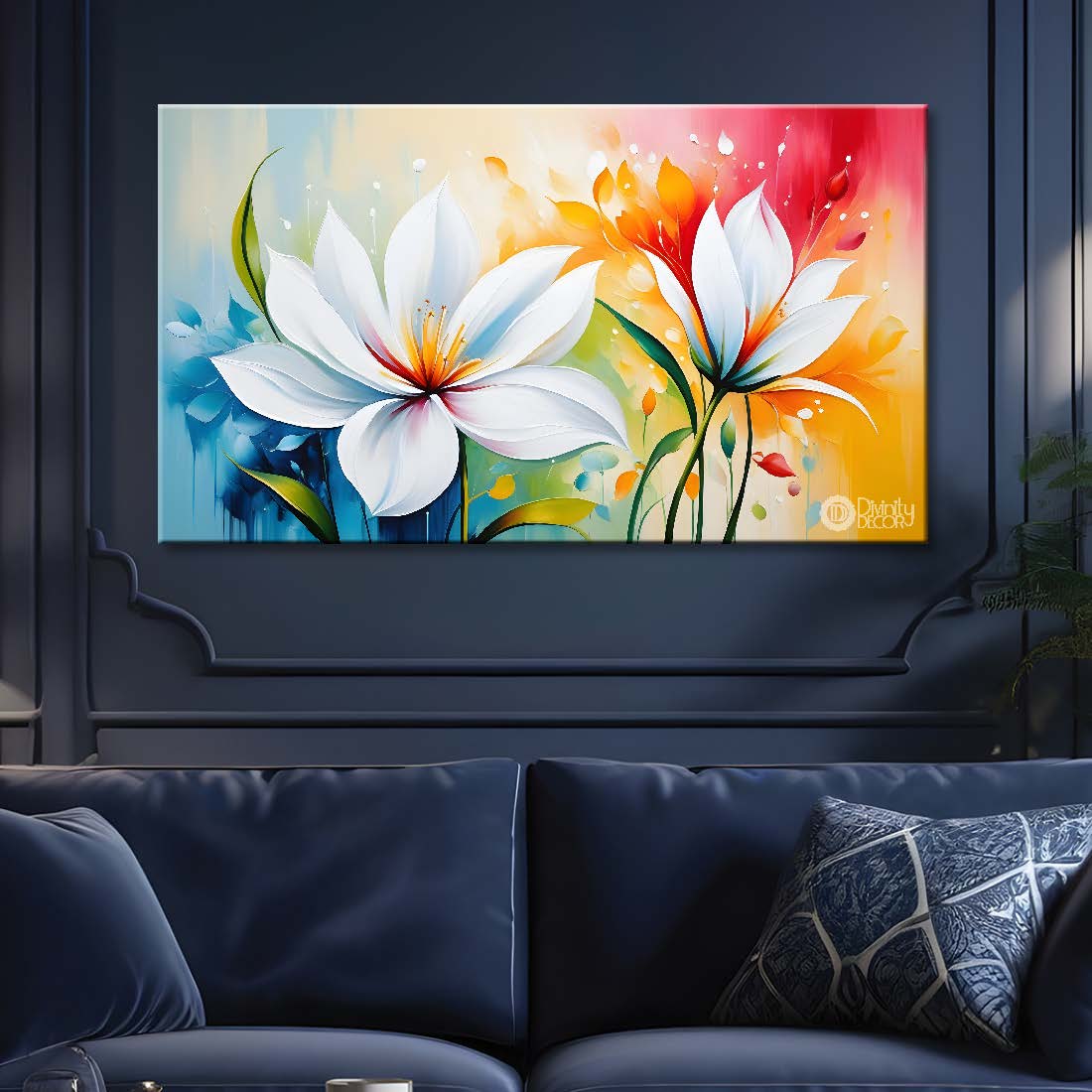 White flowers in colorful background canvas painting- Flower-478