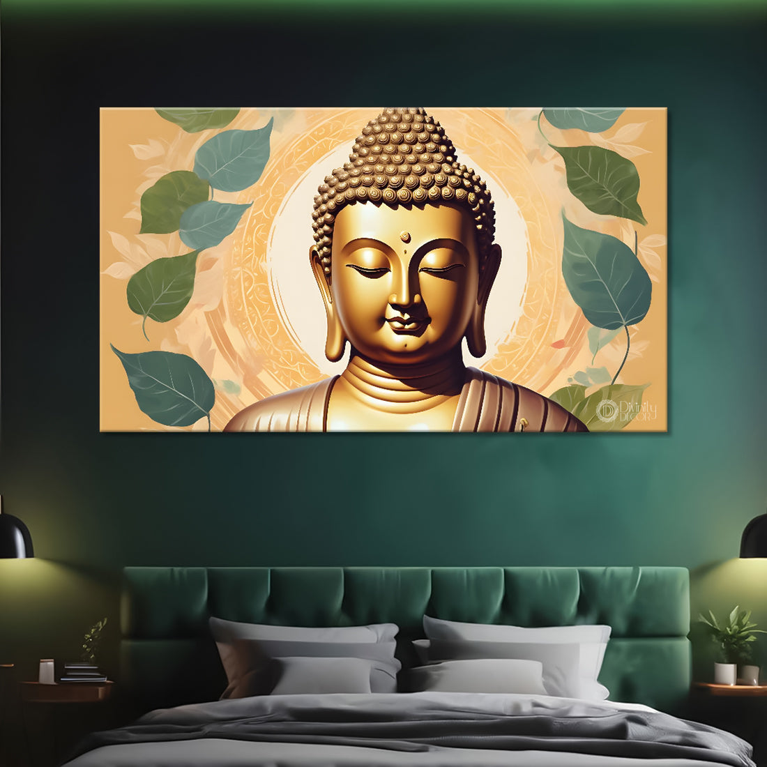 Golden buddha with green leaves and light background textured painting Canvas Wall Painting - Buddha-479
