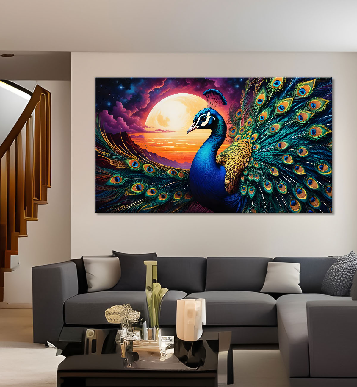 Peacock on the branch with bright colors modern art Canvas Painting - Design - Peacock-47
