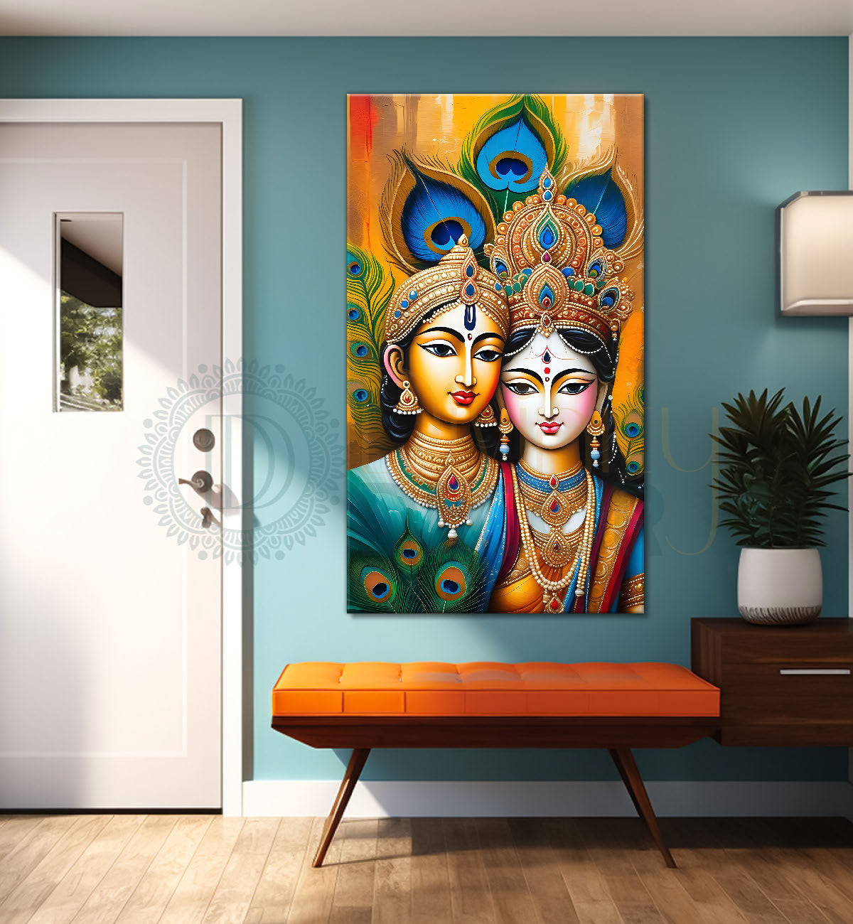 Krishna with radha in orange background textured art Canvas Painting - Design - Krishna-V-47
