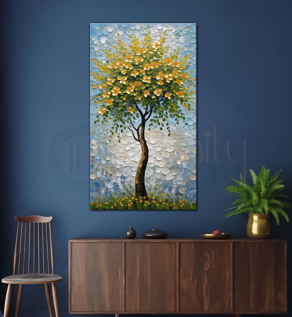 White flowers tree in textured oil painting Canvas painting - Tree-V-47