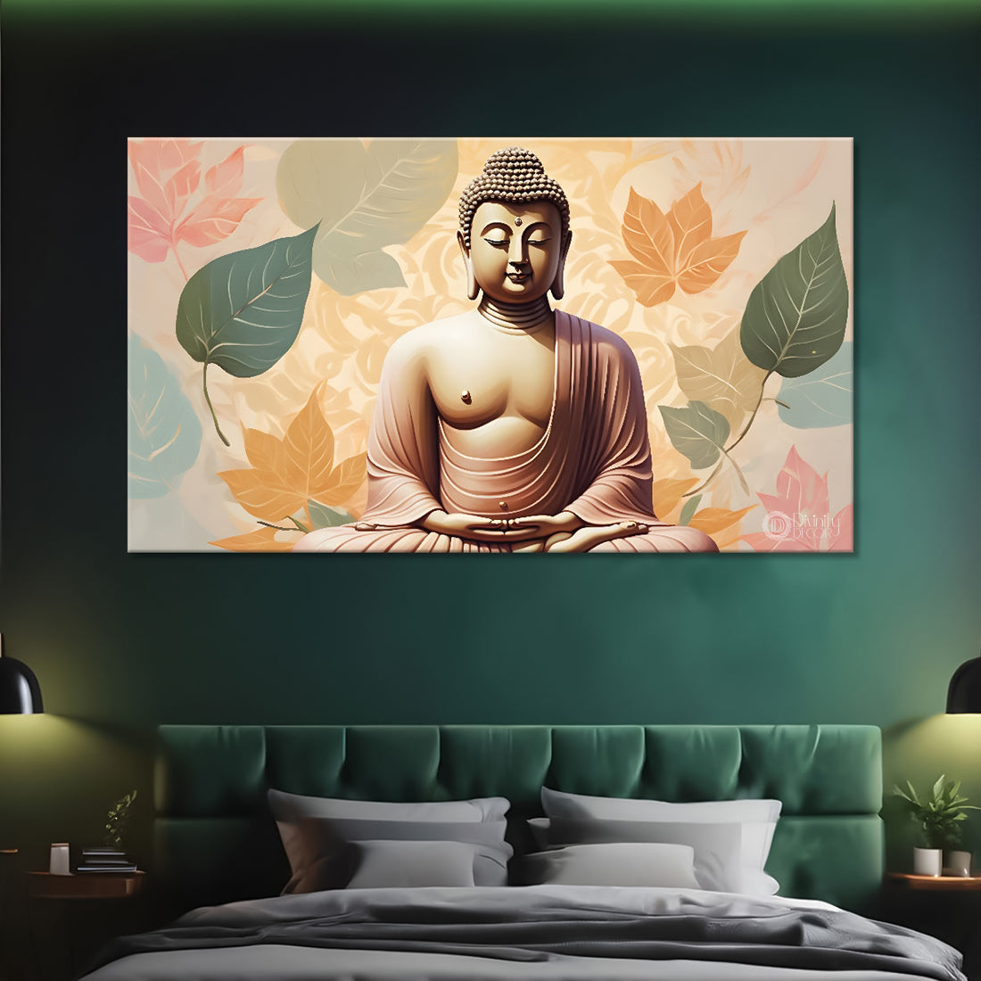 Golden buddha with green leaves and light background textured painting Canvas Wall Painting - Buddha-480