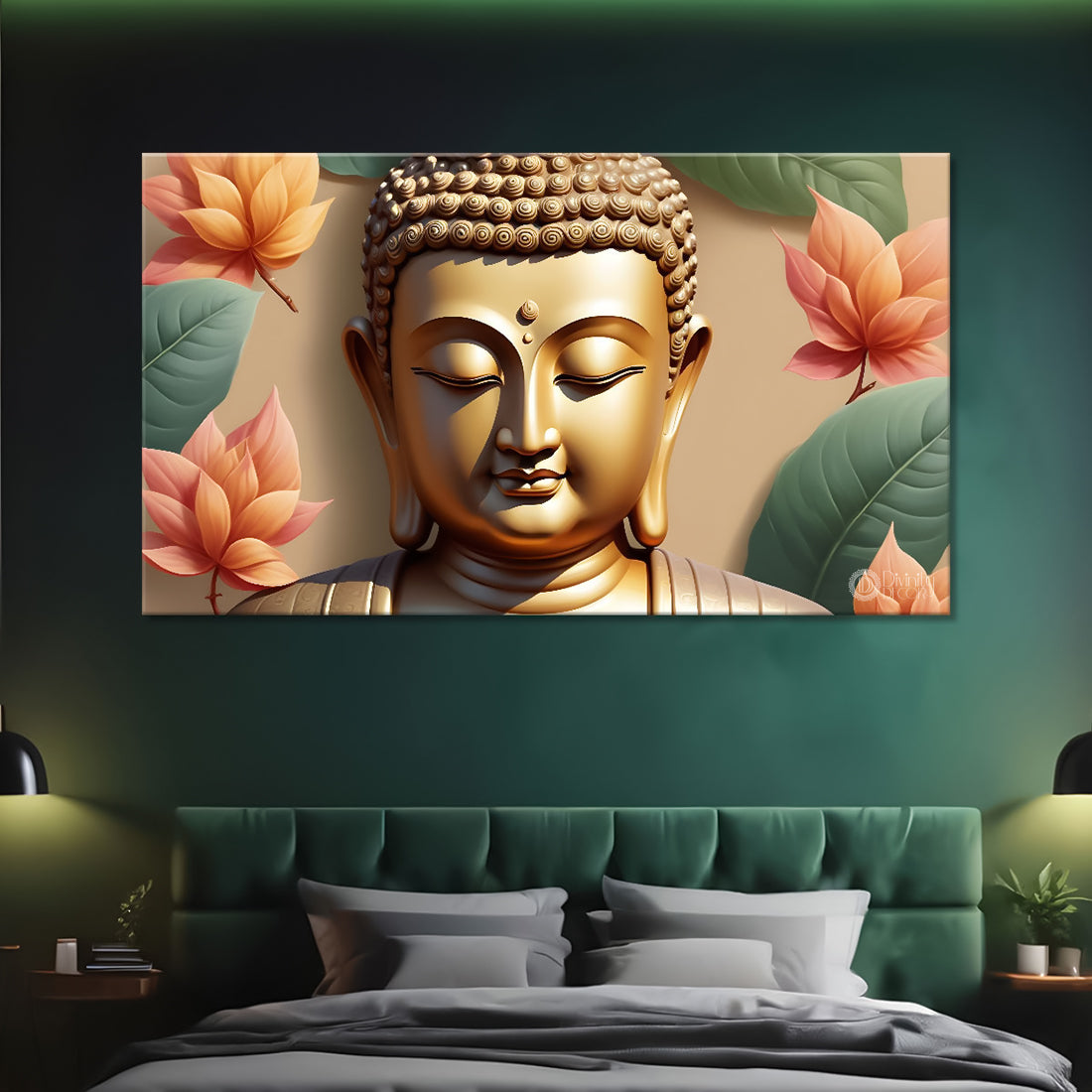 Golden buddha with the beautiful flowers background textured painting Canvas Wall Painting - Buddha-481