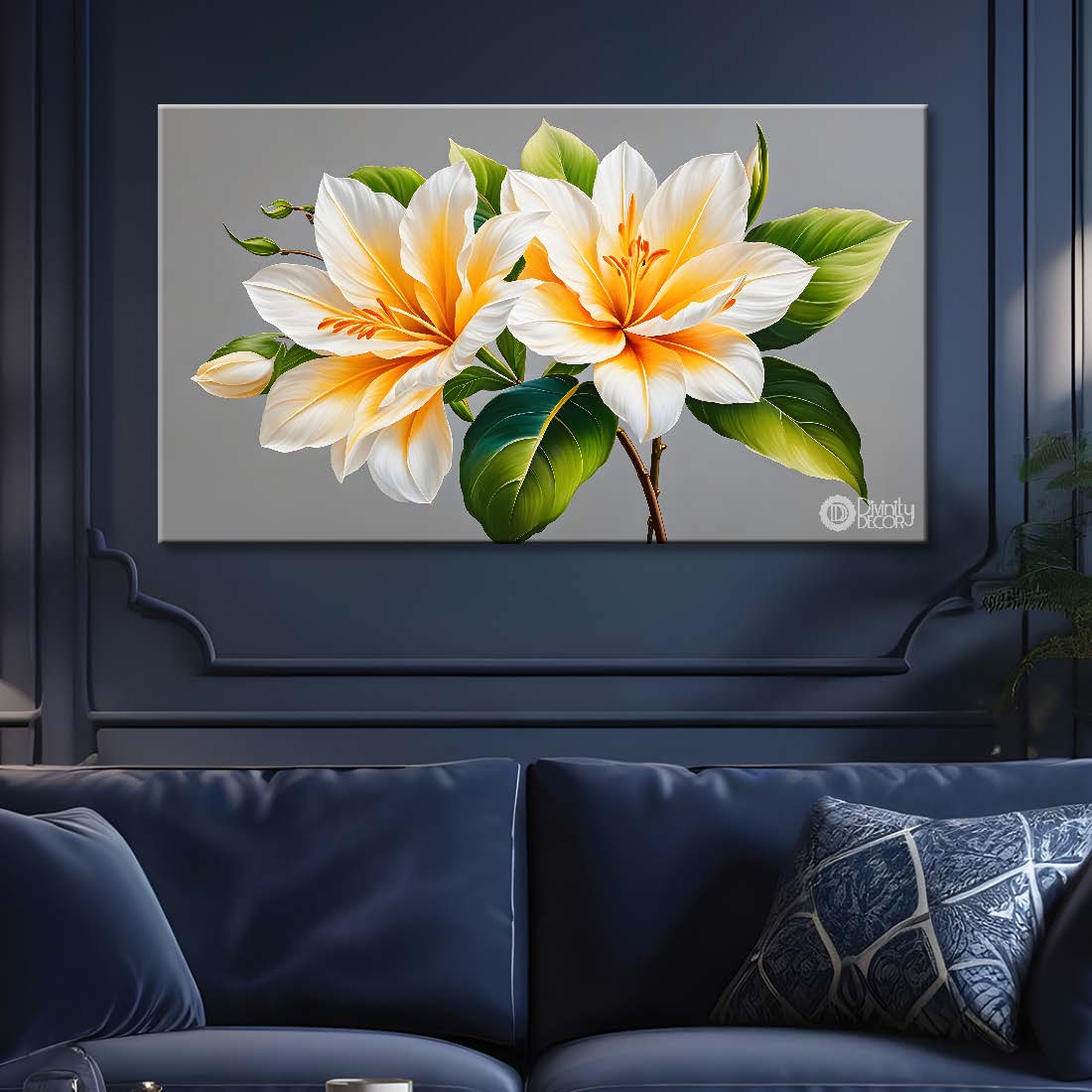 White lily flowers in grey background canvas painting- Flower-481
