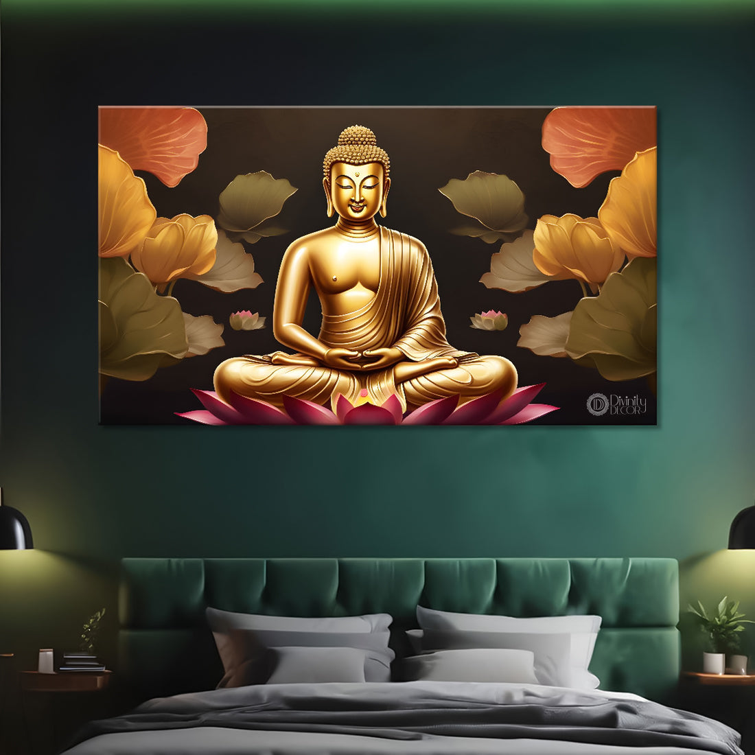 Golden buddha with the brown and beautiful flowers background textured painting Canvas Wall Painting - Buddha-482