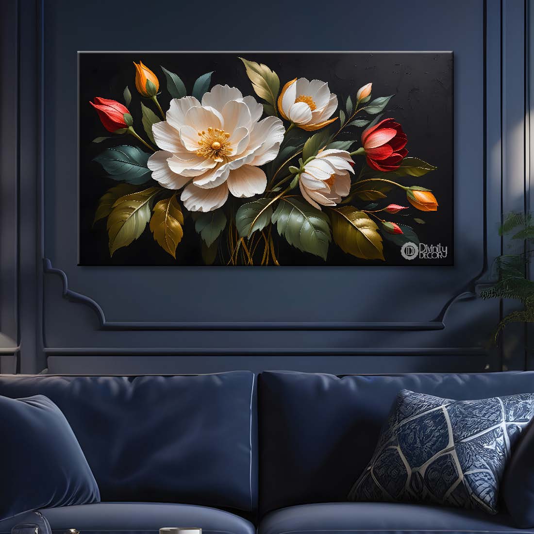 White flowers in black background canvas painting- Flower-482
