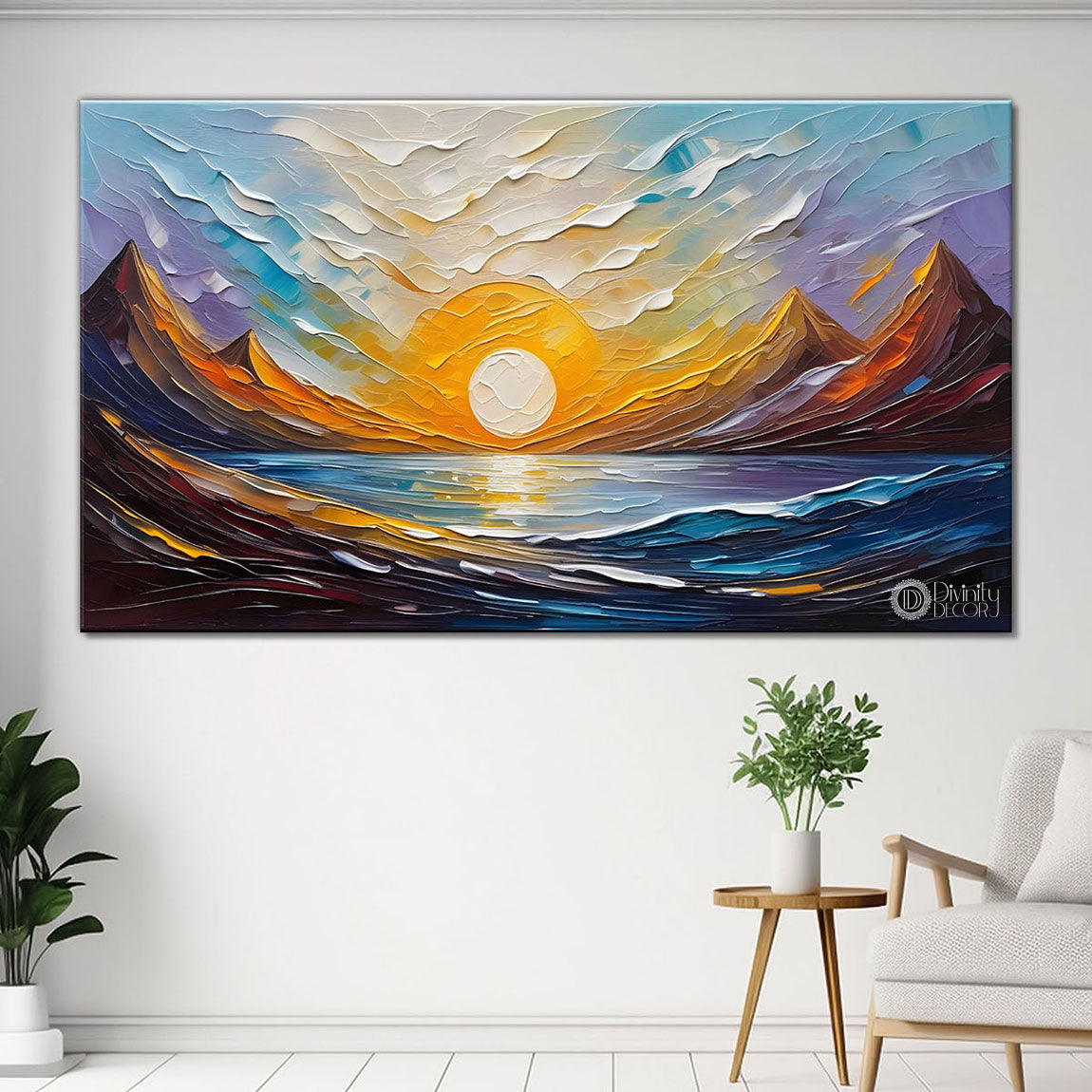 Sunrise with mountains and river painting Canvas Painting - Nature Art -482