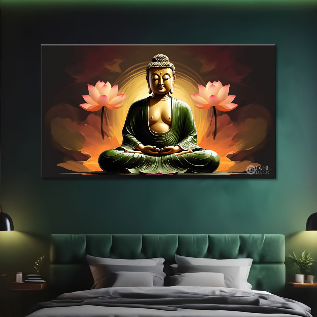 Golden buddha with the lotuses background textured painting Canvas Wall Painting - Buddha-483
