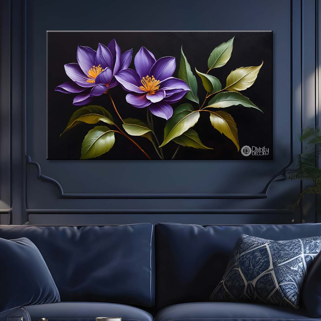 Purple flowers in black background canvas painting- Flower-483
