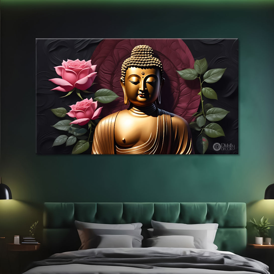Golden buddha with the lotuses background textured painting Canvas Wall Painting - Buddha-484