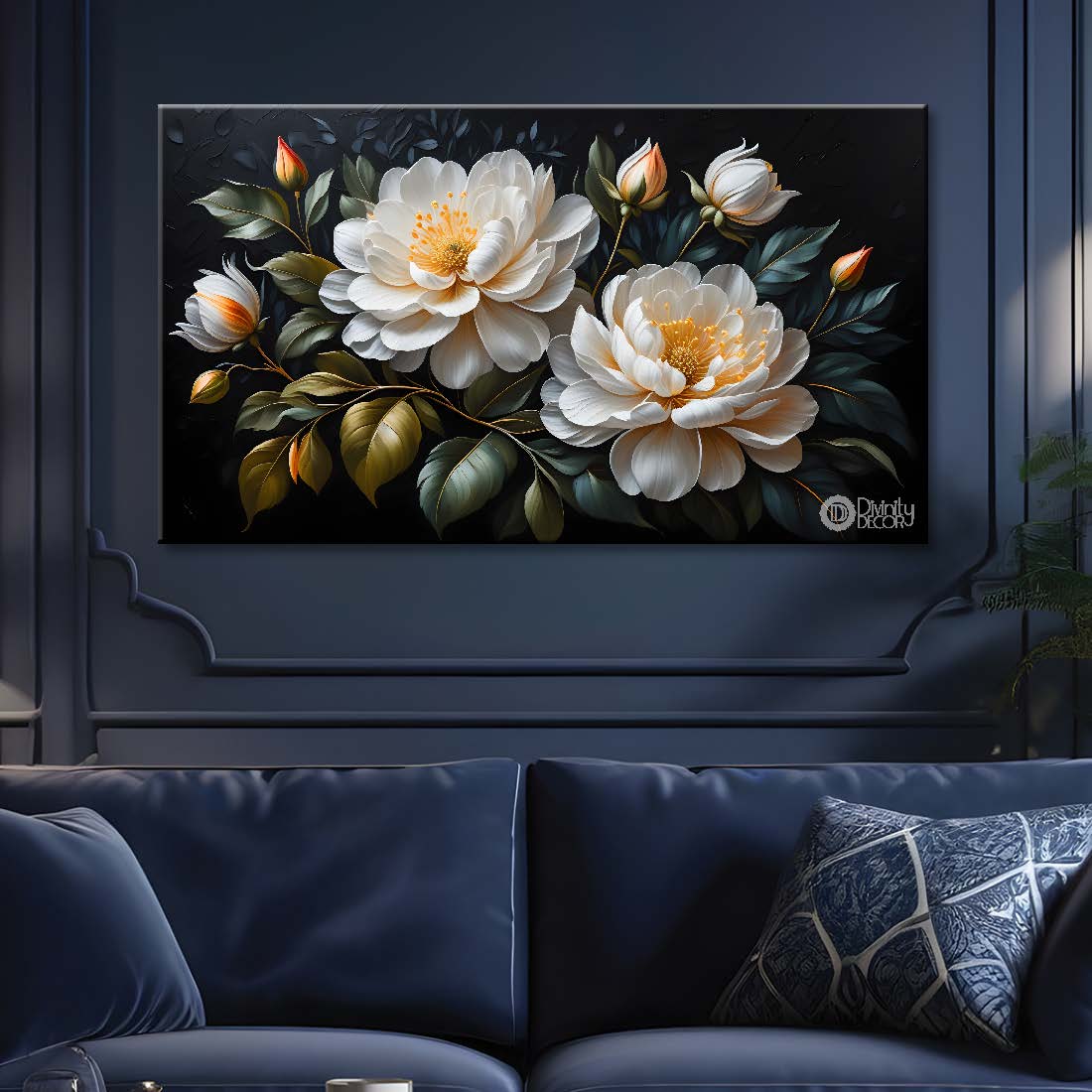 White flowers in black background canvas painting- Flower-485