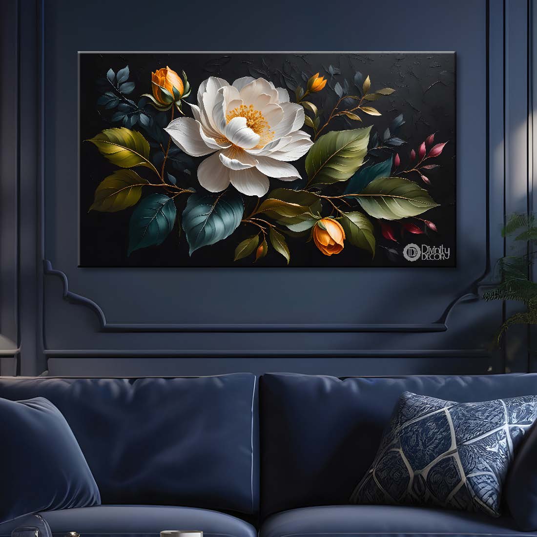 White flowers in black background canvas painting- Flower-487