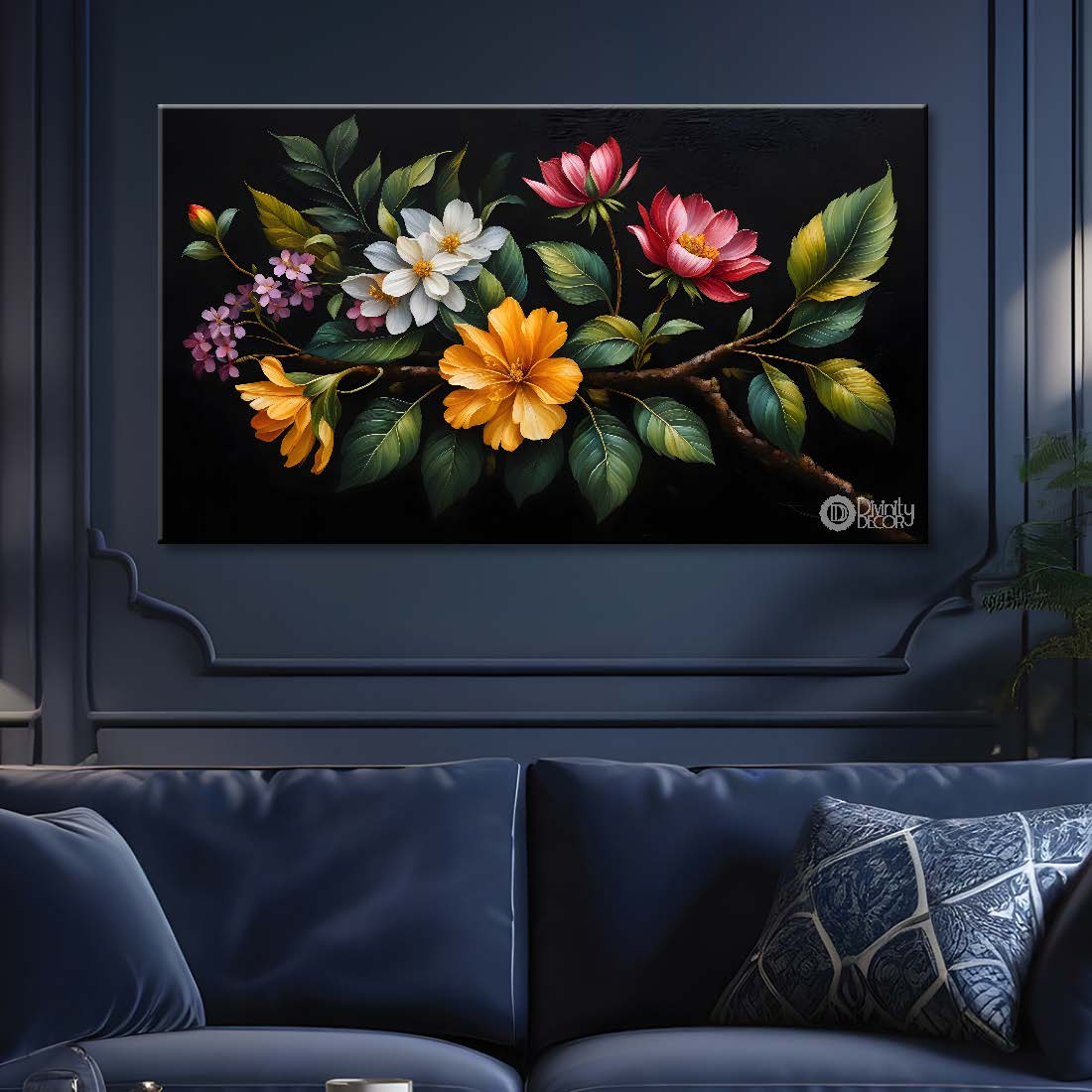 Colorful flowers in black background canvas painting- Flower-488