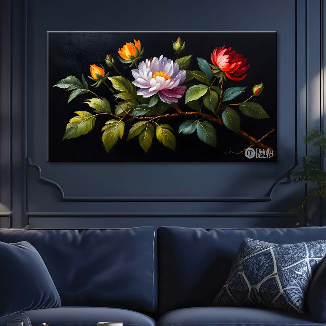 Colorful flowers in black background canvas painting- Flower-489
