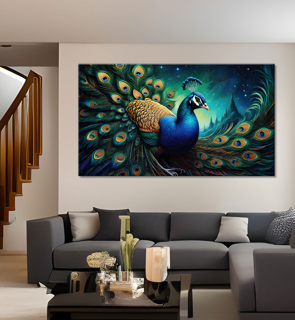 Peacock in bright green colors oil painting Canvas Painting - Design - Peacock-48