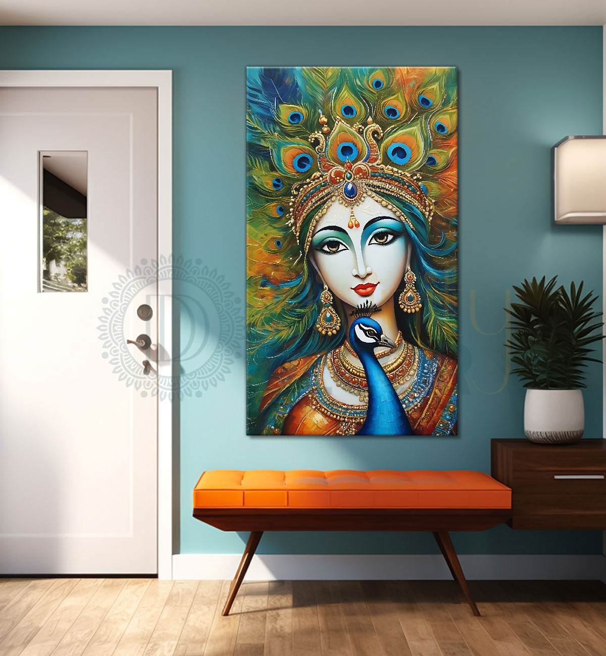 Radha with peacock background textured art Canvas Painting - Design - Krishna-V-48