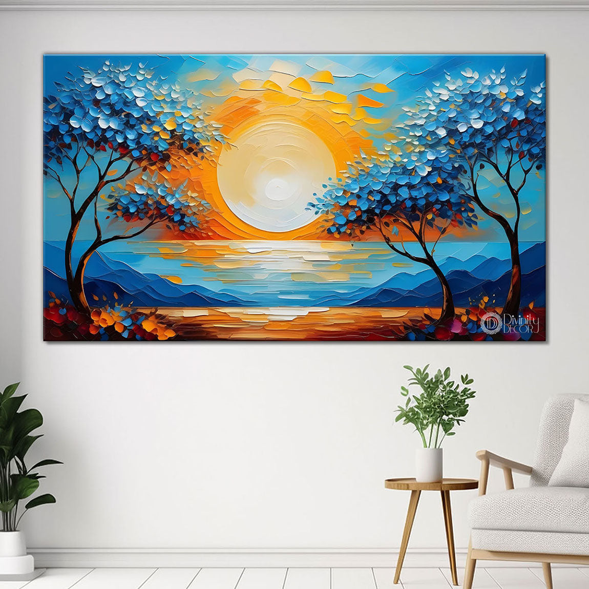 Sunset with river flowers painting Canvas Painting - Nature Art -490