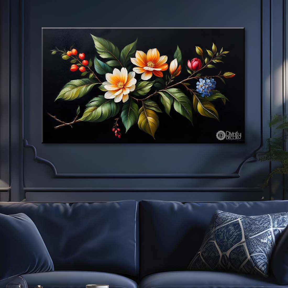 Colorful flowers in black background canvas painting- Flower-490