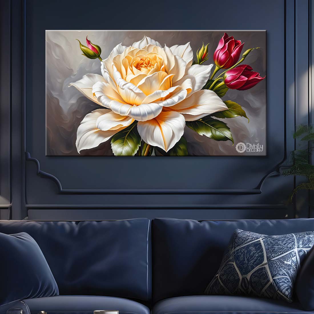 White flower in grey background canvas painting- Flower-491