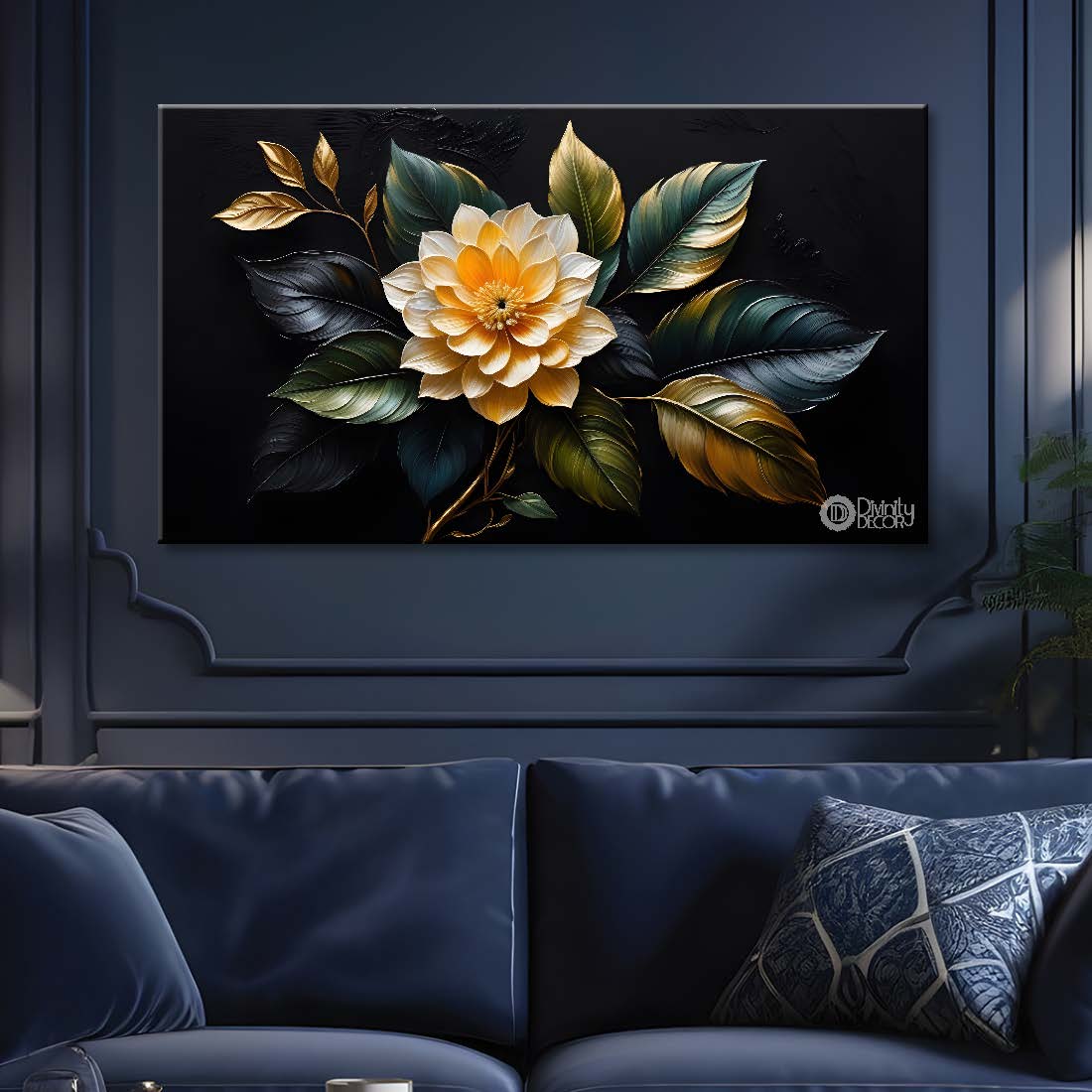 White flowers in black background canvas painting- Flower-494