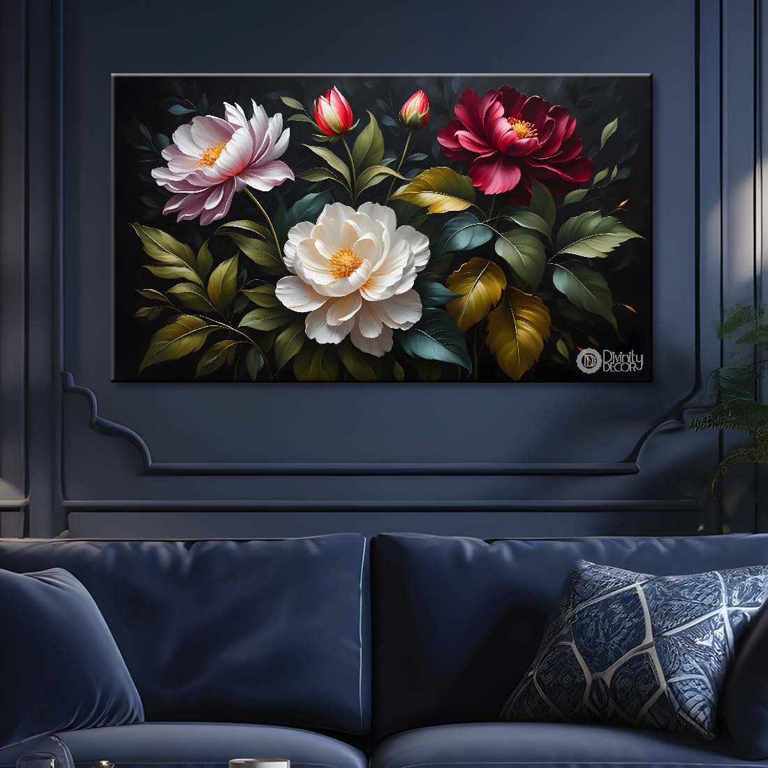 Colorful flowers in black background canvas painting- Flower-495