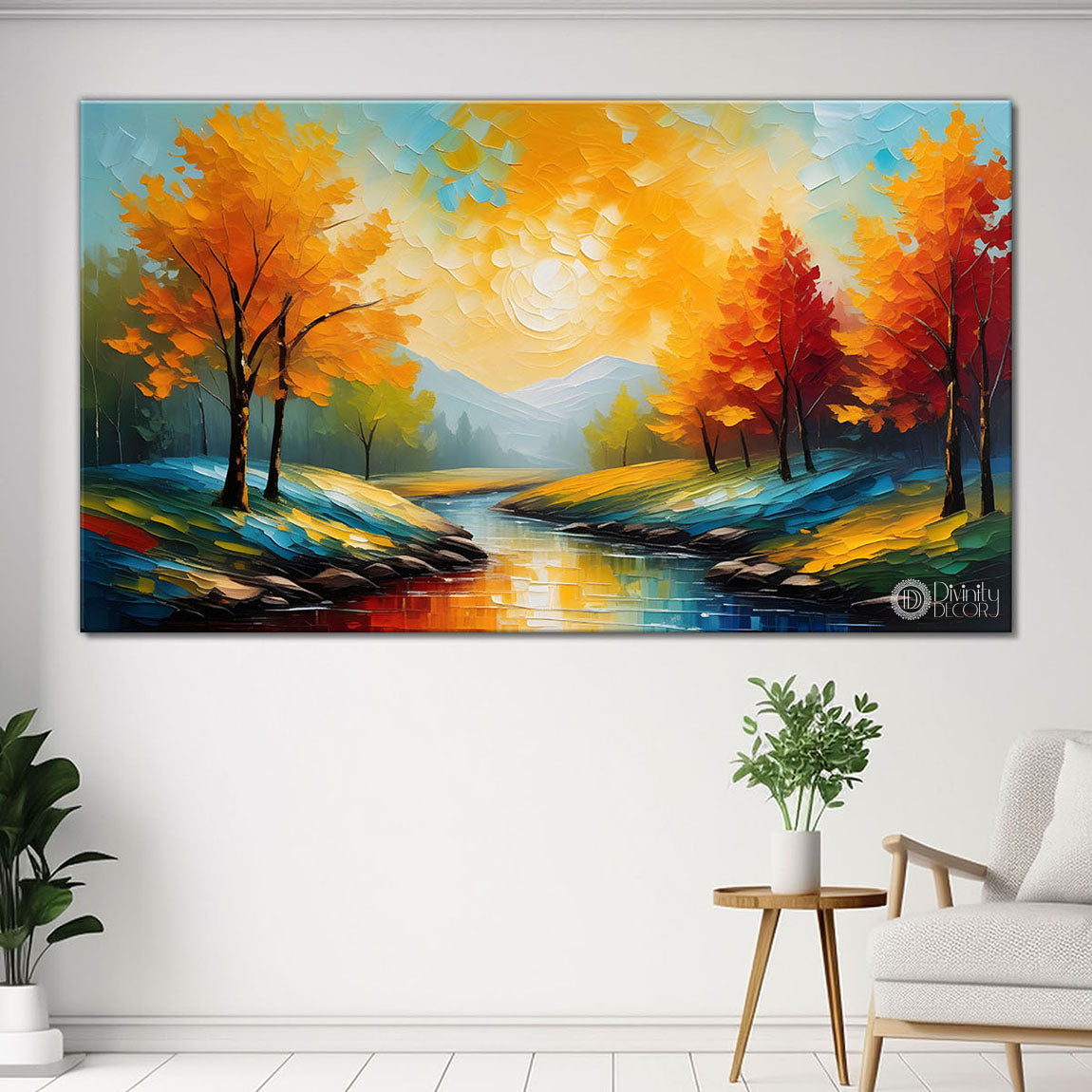 Orange trees with river painting art Canvas Painting - Nature Art -495