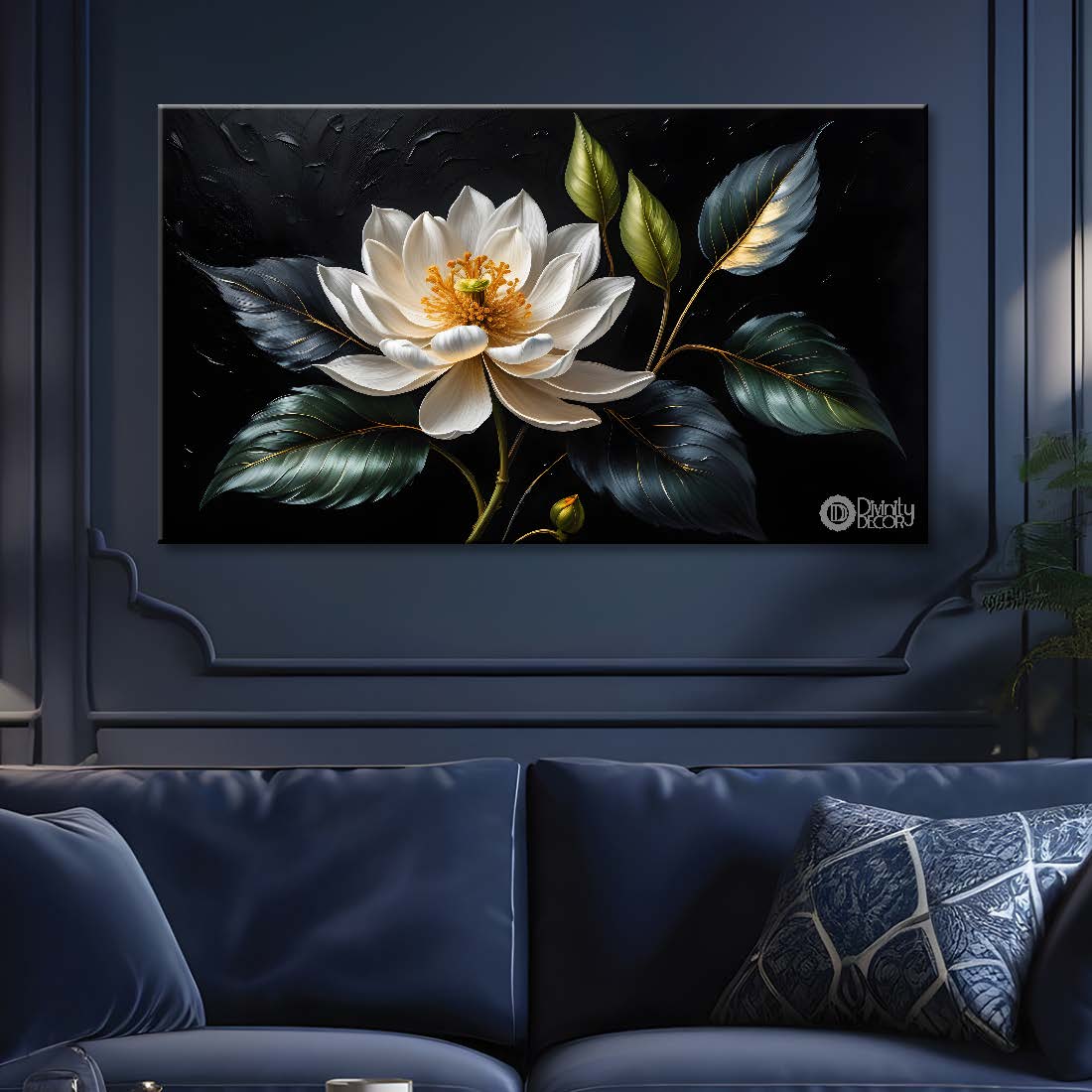 White flowers in black background canvas painting- Flower-496
