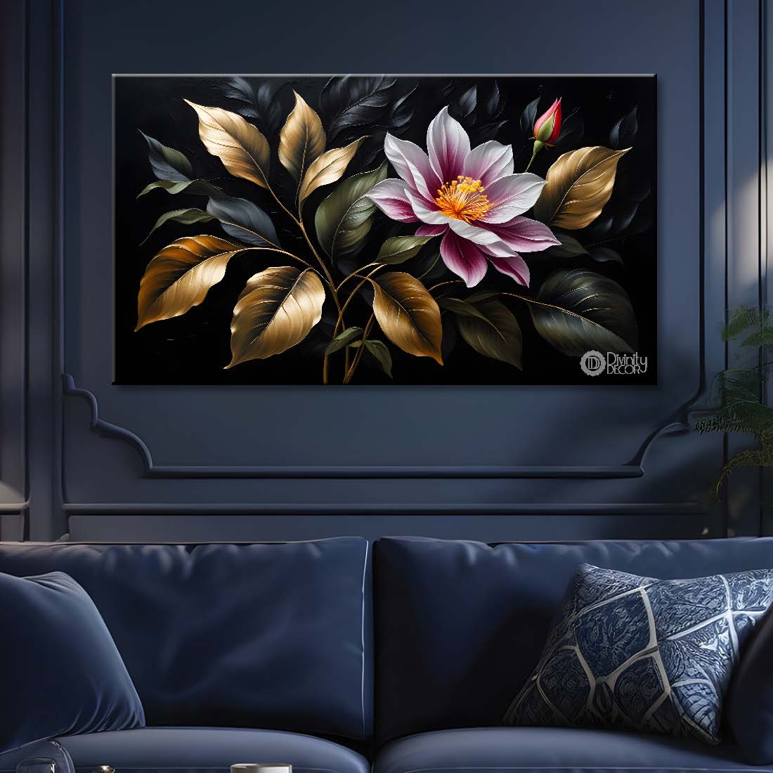 Purple flowers in black background canvas painting- Flower-497