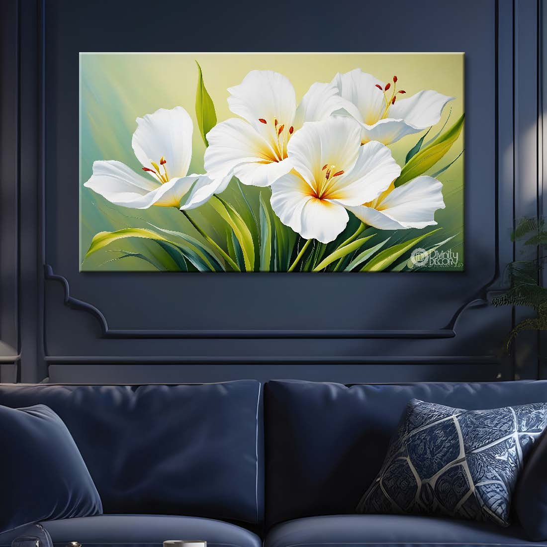 White flowers in green background canvas painting- Flower-498