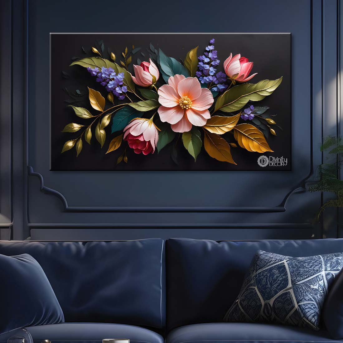 Pink flowers in black background canvas painting- Flower-499