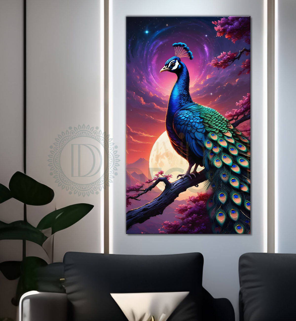 Peacock on branch in front of moon with purple background modern art painting  - Design - Peacock-V-49