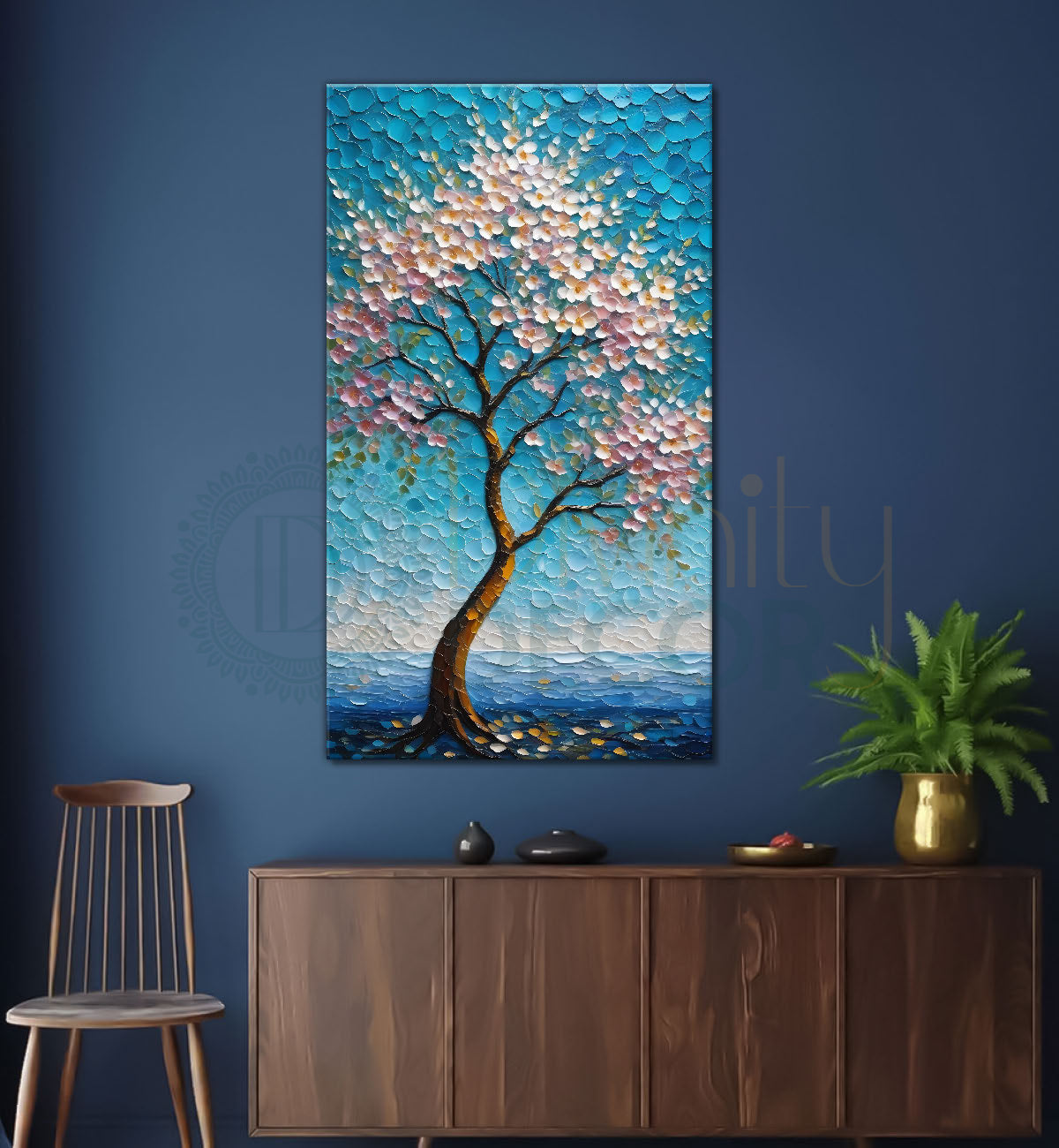 Spring tree with beautiful sky blue background textured modern art  Canvas painting - Tree-V-49