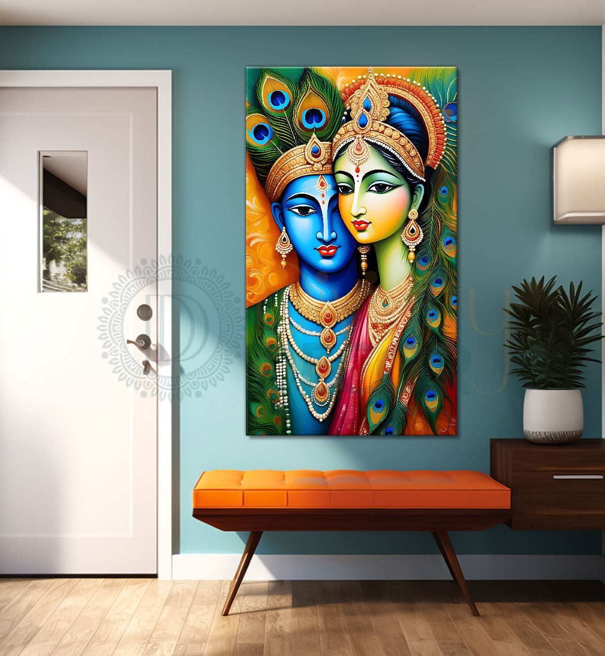 Blue face of krishna with radha in orange background textured art Canvas Painting - Design - Krishna-V-49