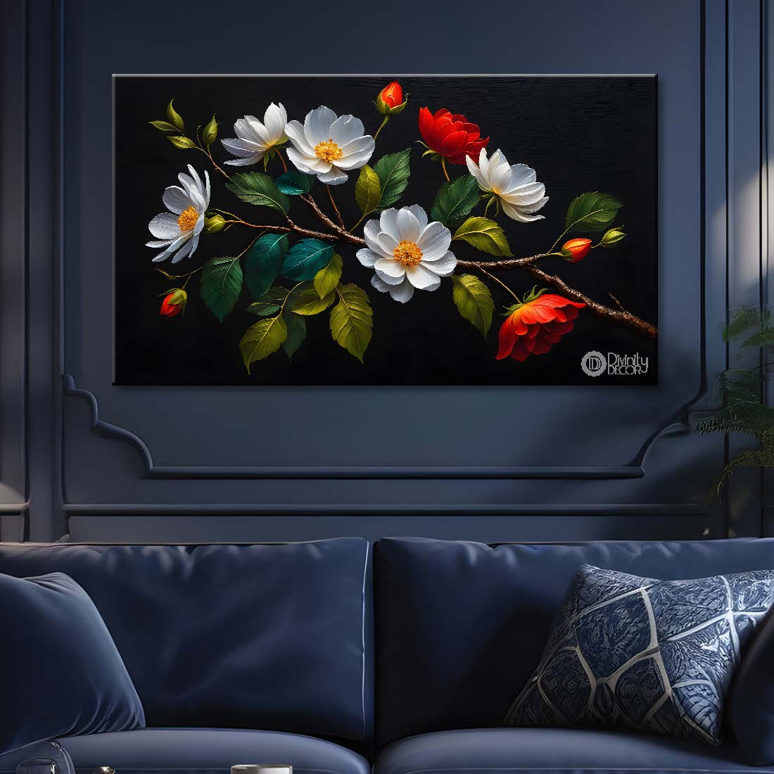 Colorful flowers in black background canvas painting- Flower-500