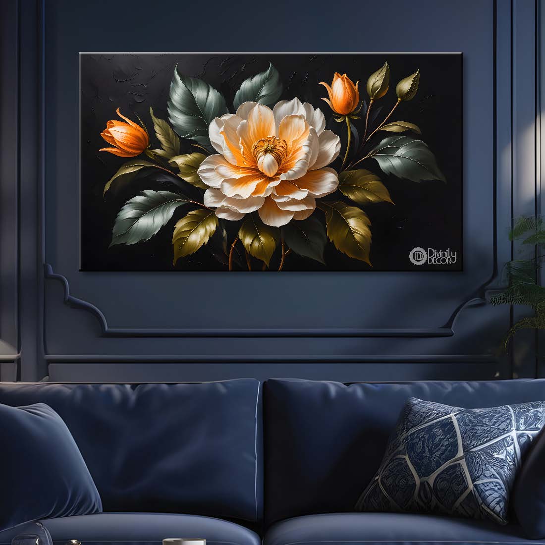 White flowers in black background canvas painting- Flower-501